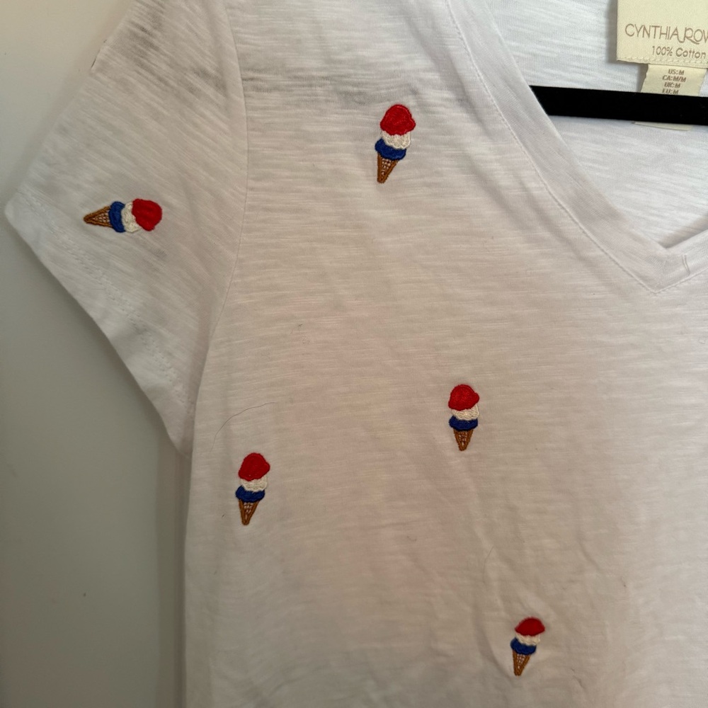 Cynthia Rowley White V-Neck Tee with Red & Blue Ice Cream Embroidery - Picture 3 of 6